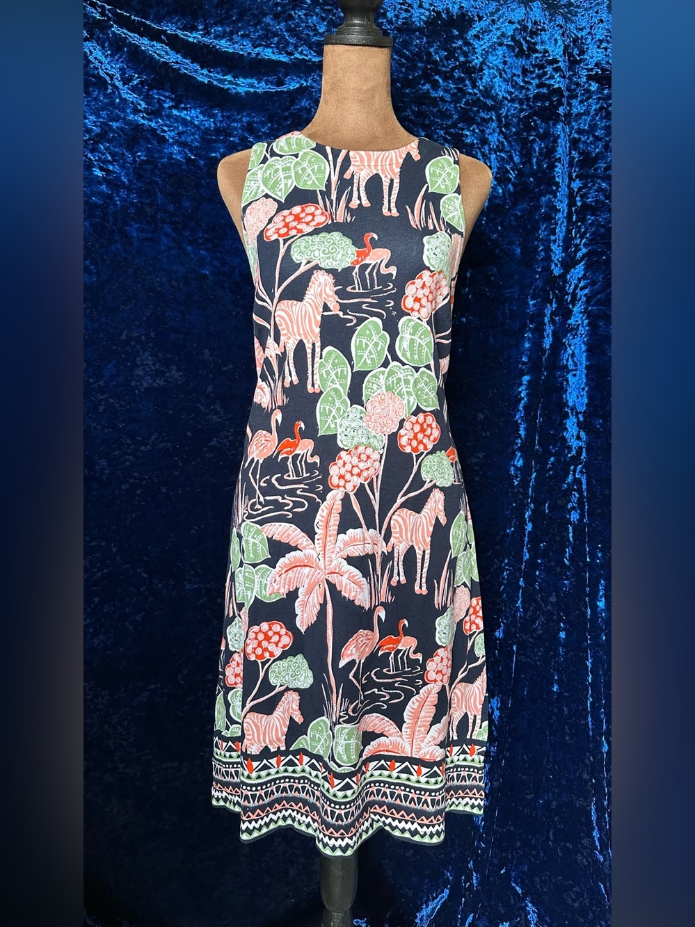 Crown &Ivy Sleeveless Navy Tropical Print Dress in Coral & Green
